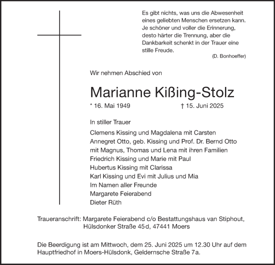 Traueranzeige von Marianne Kißing-Stolz von Tageszeitung