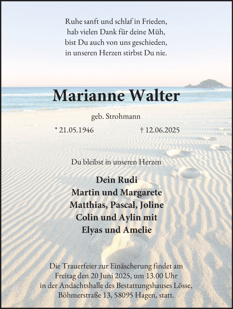  Traueranzeige für Marianne Walter vom 18.06.2025 aus Tageszeitung