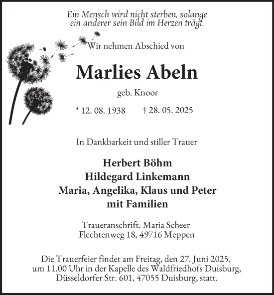 Traueranzeige von Marlies Abeln von Tageszeitung