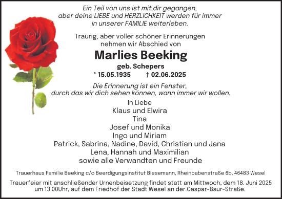 Traueranzeige von Marlies Beeking von Tageszeitung