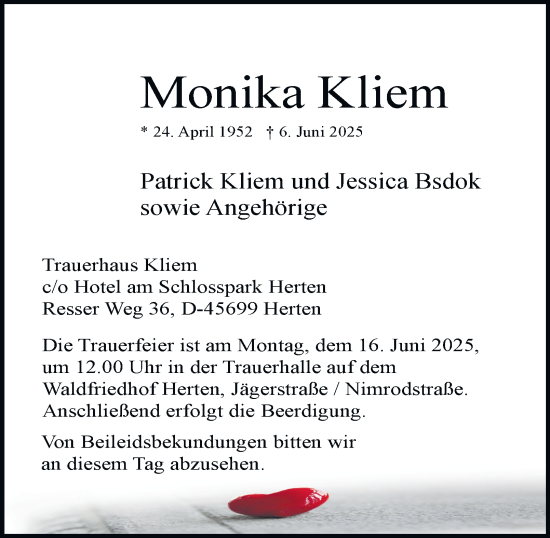 Traueranzeige von Monika Kliem von Tageszeitung