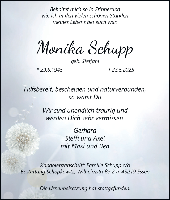 Traueranzeige von Monika Schupp von Tageszeitung