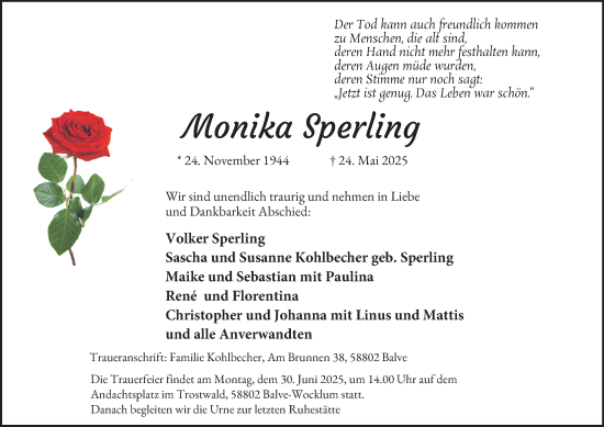 Traueranzeige von Monika Sperling von Tageszeitung