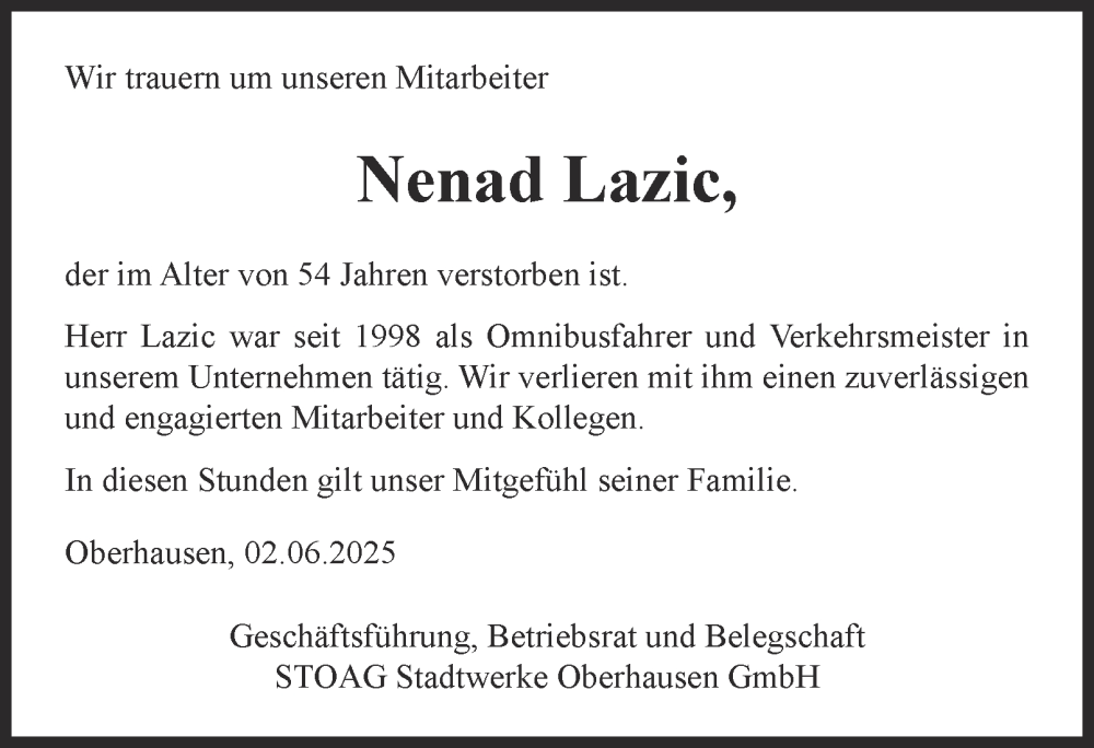  Traueranzeige für Nenad Lazic vom 04.06.2025 aus Tageszeitung