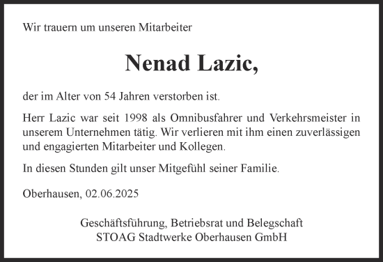 Traueranzeige von Nenad Lazic von Tageszeitung