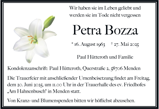 Traueranzeige von Petra Bozza von Tageszeitung