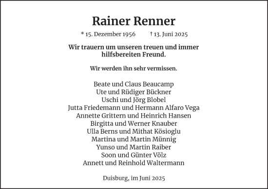Traueranzeige von Rainer Renner von Tageszeitung