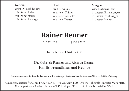 Traueranzeige von Rainer Renner von Tageszeitung