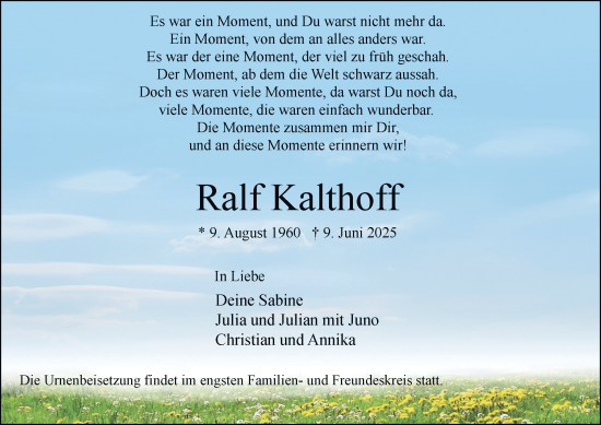 Traueranzeige von Ralf Kalthoff von Tageszeitung