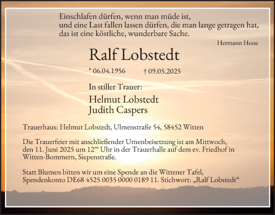 Traueranzeige von Ralf Lobstedt von Tageszeitung
