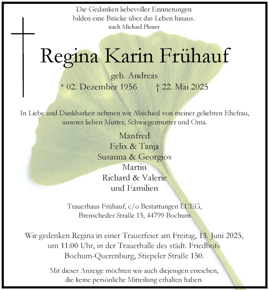  Traueranzeige für Regina Karin Frühauf vom 07.06.2025 aus Tageszeitung
