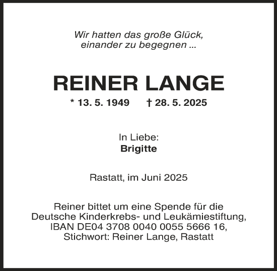 Traueranzeige von Reiner Lange von Tageszeitung