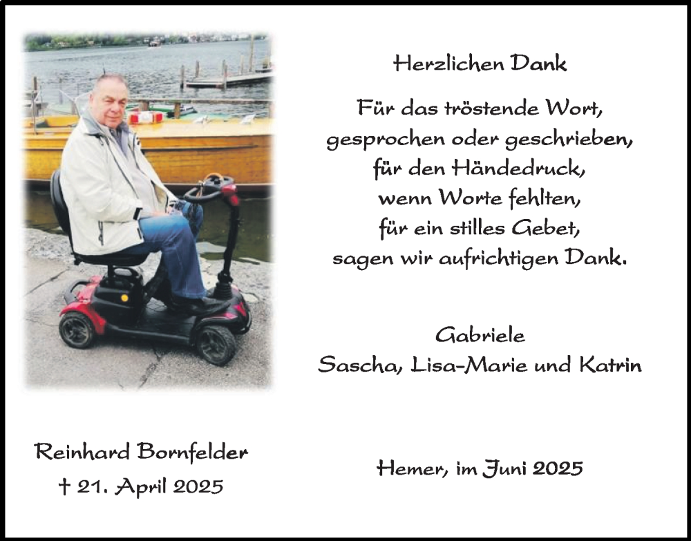  Traueranzeige für Reinhard Bornfelder vom 14.06.2025 aus Tageszeitung