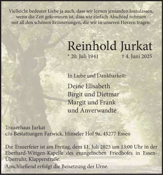 Traueranzeige von Reinhold Jurkat von Tageszeitung