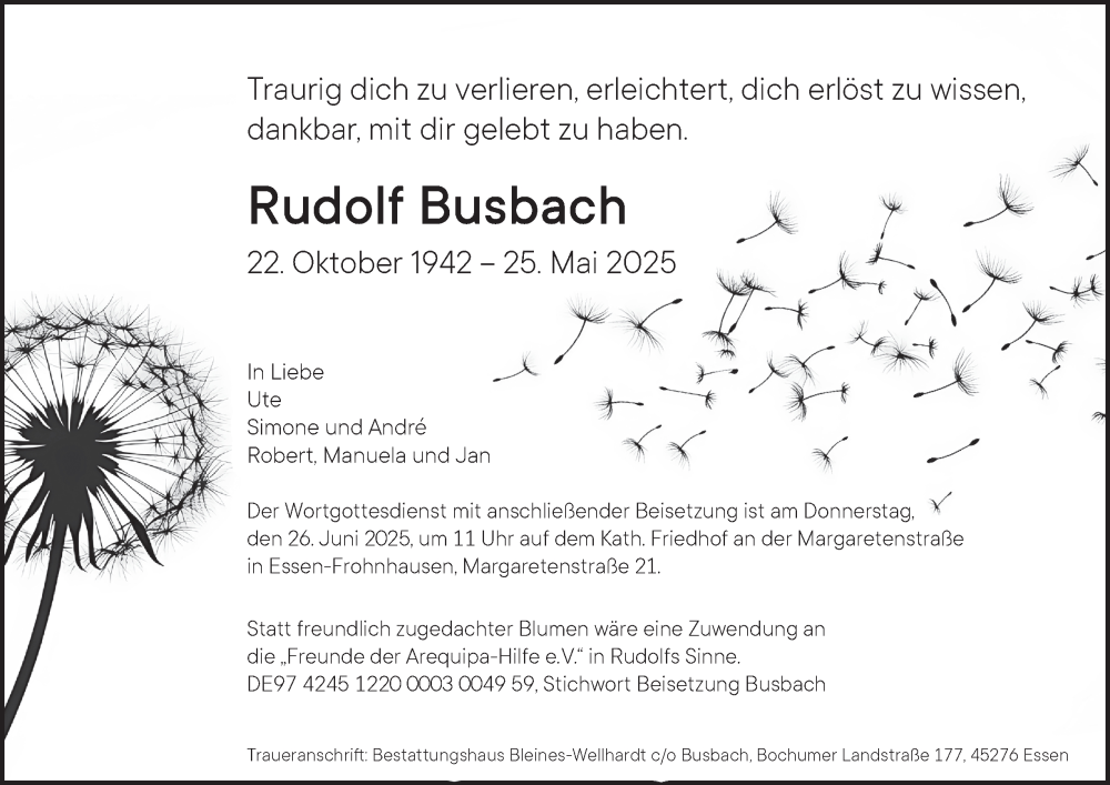  Traueranzeige für Rudolf Busbach vom 14.06.2025 aus Tageszeitung