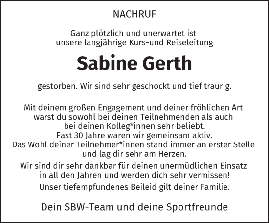 Traueranzeige von Sabine Gerth von Tageszeitung