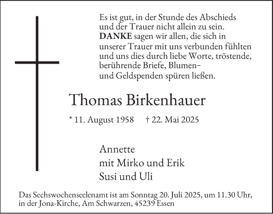Traueranzeige von Thomas Birkenhauer von Tageszeitung