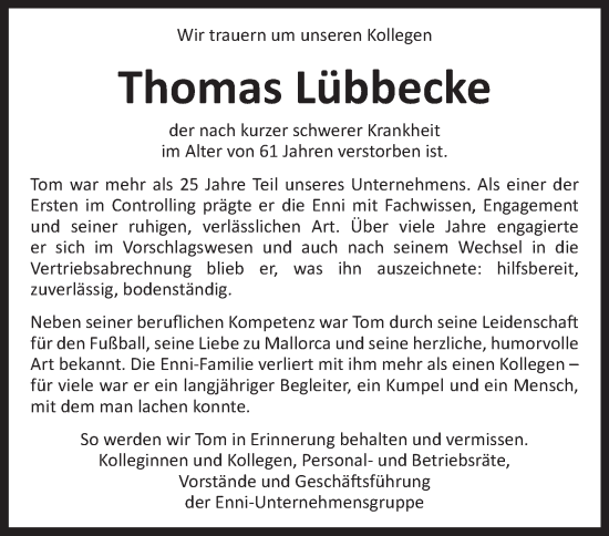 Traueranzeige von Thomas Lübbecke von Tageszeitung