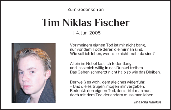 Traueranzeige von Tim Niklas Fischer von Tageszeitung