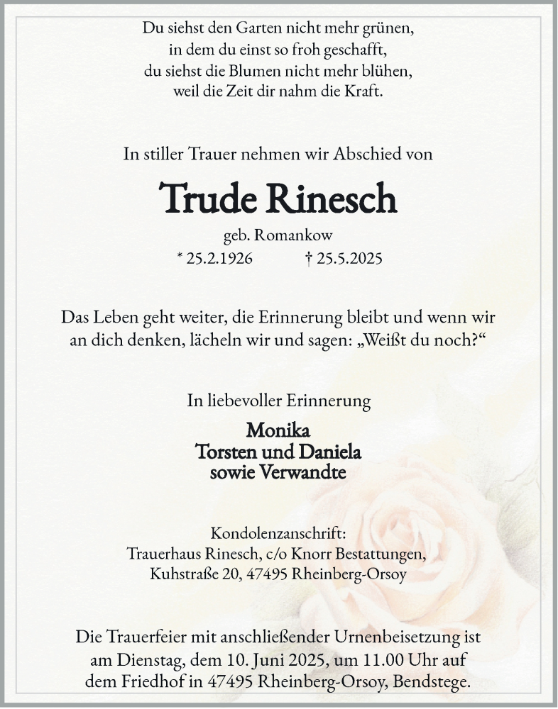  Traueranzeige für Trude Rinesch vom 07.06.2025 aus Tageszeitung