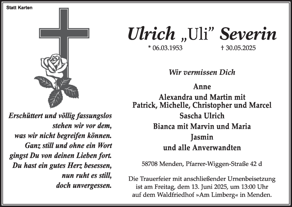  Traueranzeige für Ulrich Severin vom 07.06.2025 aus Tageszeitung