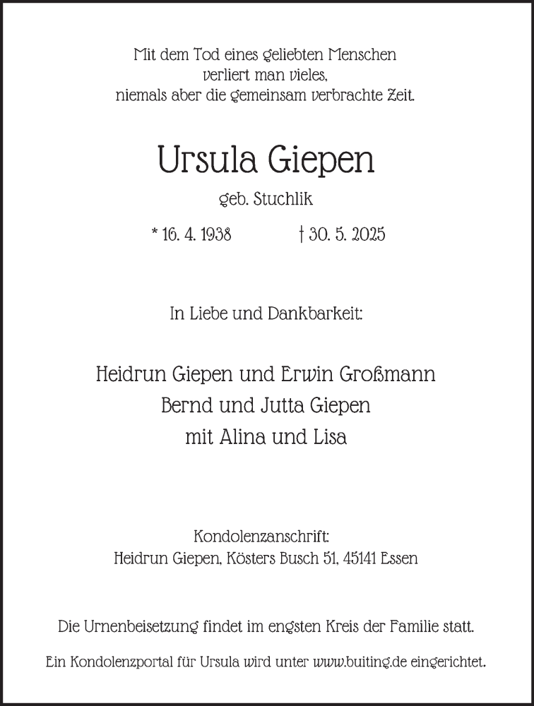 Traueranzeige für Ursula Giepen vom 07.06.2025 aus Tageszeitung
