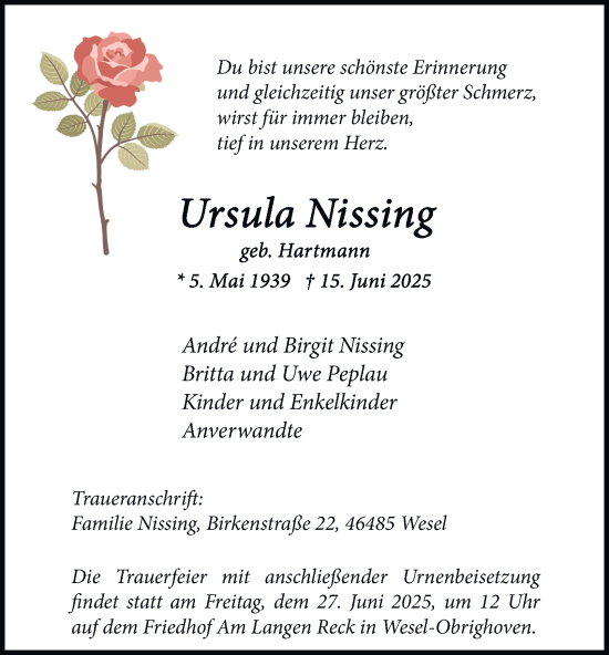 Traueranzeige von Ursula Nissing von Tageszeitung