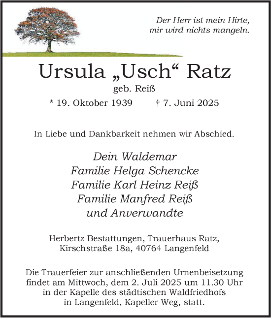 Traueranzeige von Ursula Ratz von Tageszeitung