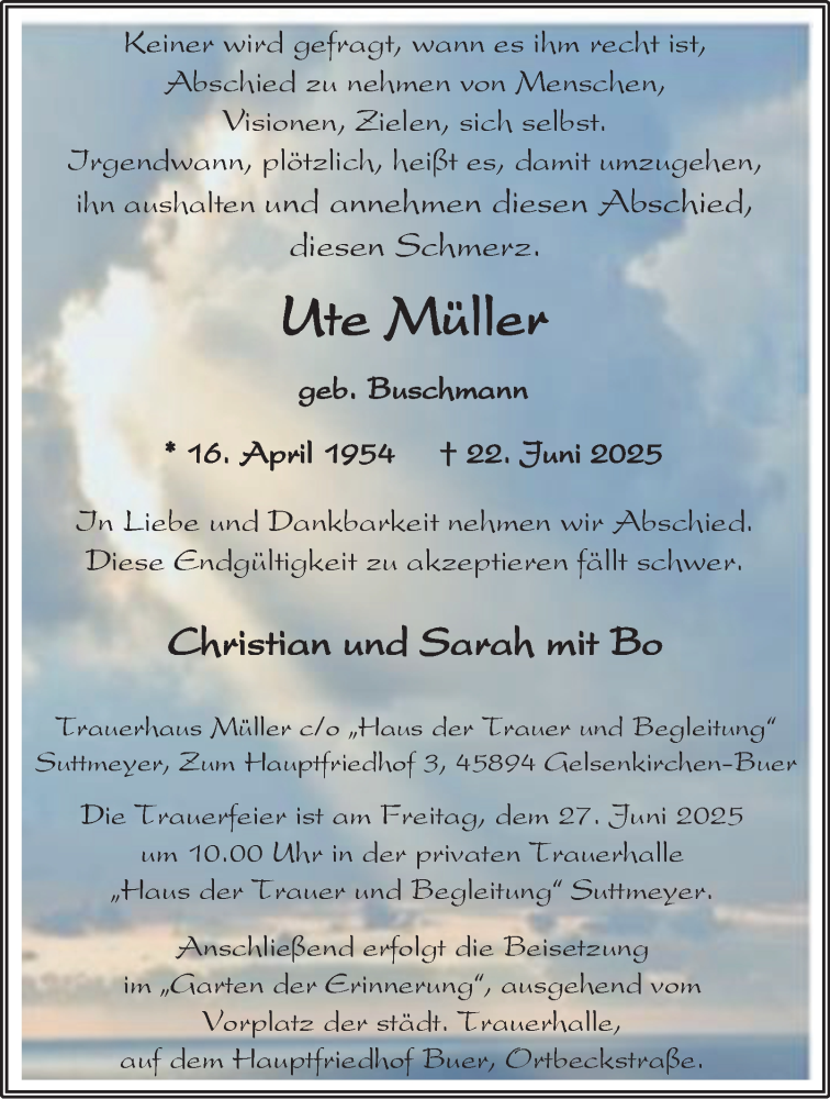  Traueranzeige für Ute Müller vom 26.06.2025 aus Tageszeitung