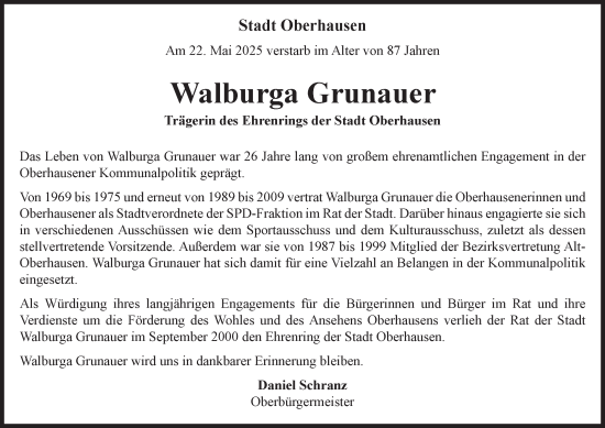 Traueranzeige von Walburga Grunauer von Tageszeitung