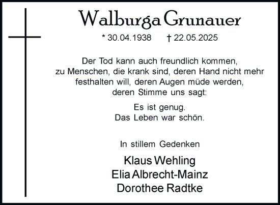 Traueranzeige von Walburga Grunauer von Tageszeitung