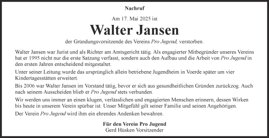 Traueranzeige von Walter Jansen von Tageszeitung
