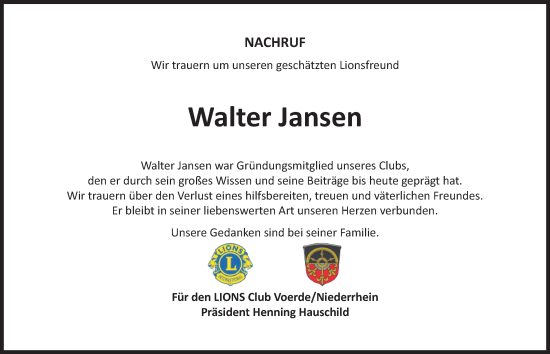 Traueranzeige von Walter Jansen von Tageszeitung