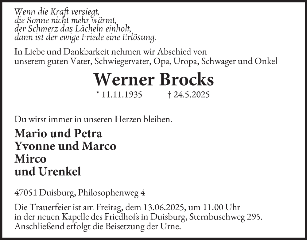  Traueranzeige für Werner Brocks vom 07.06.2025 aus Tageszeitung