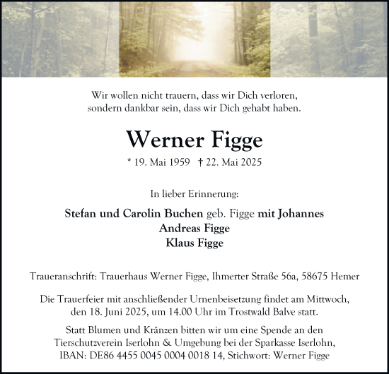 Traueranzeige von Werner Figge von Tageszeitung