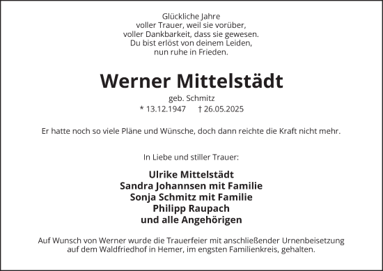 Traueranzeige von Werner Mittelstädt von Tageszeitung
