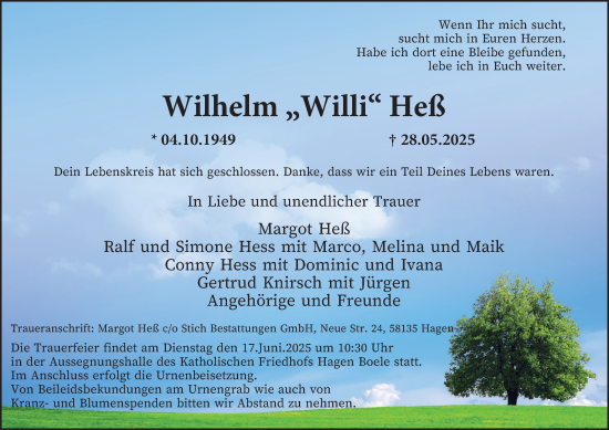Traueranzeige von Wilhelm Heß von Tageszeitung