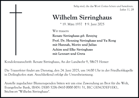 Traueranzeige von Wilhelm Sirringhaus von Tageszeitung
