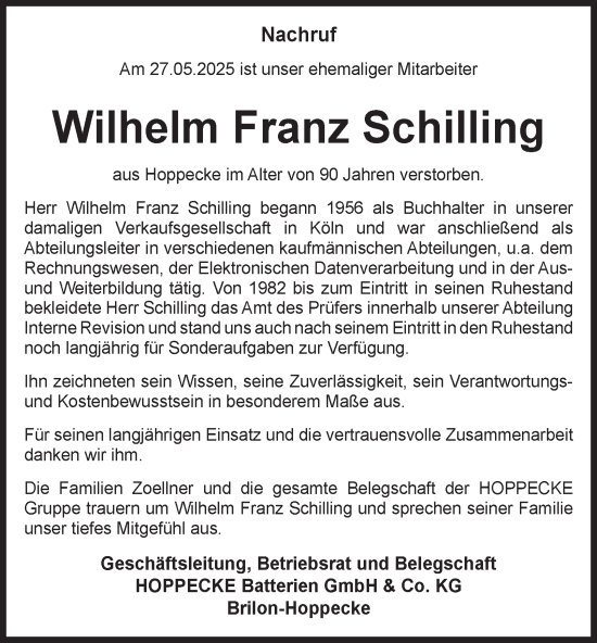 Traueranzeige von Wilhelm Franz Schilling von Tageszeitung
