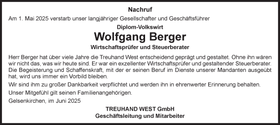 Traueranzeige von Wolfgang Berger von Tageszeitung
