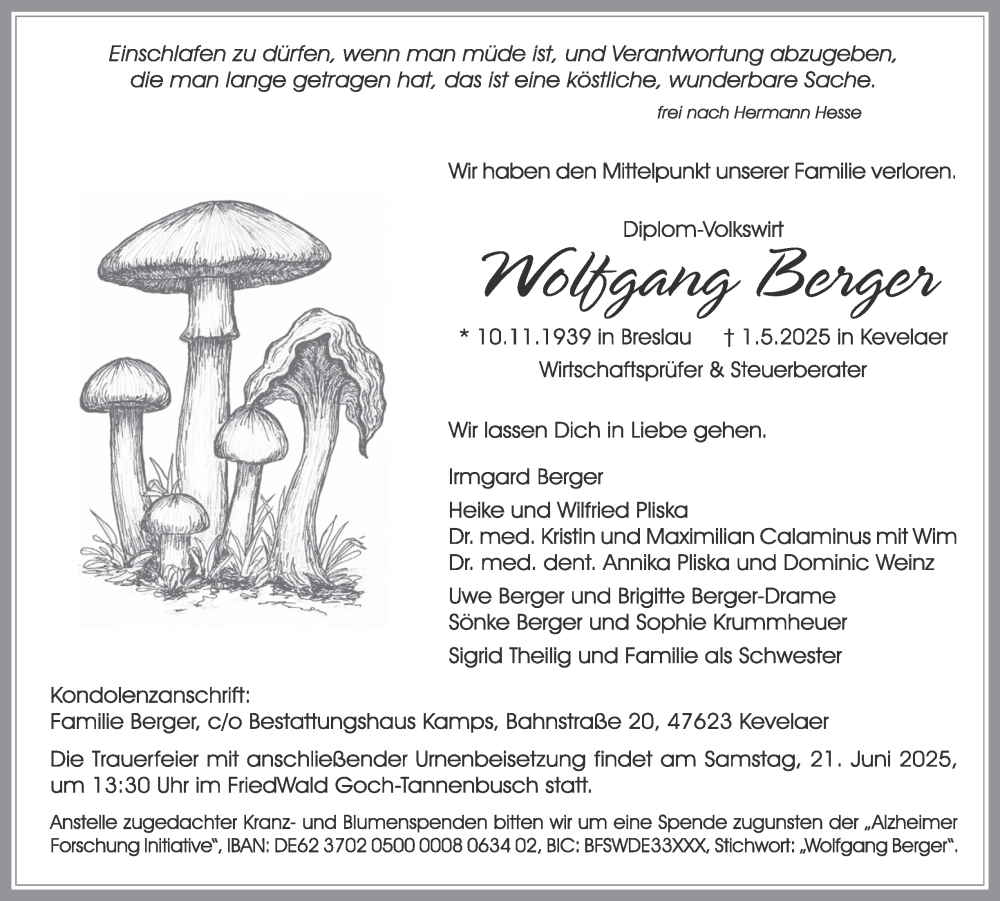  Traueranzeige für Wolfgang Berger vom 14.06.2025 aus Tageszeitung