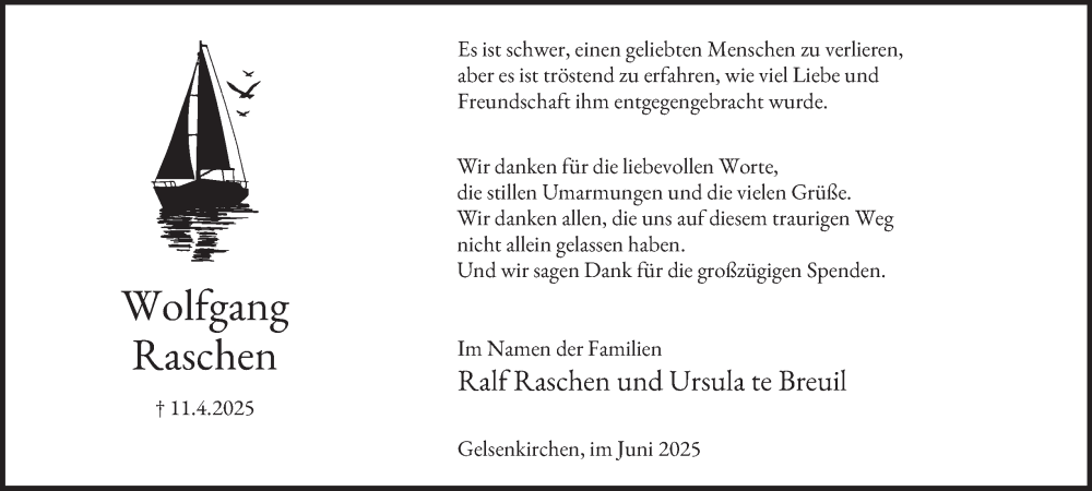  Traueranzeige für Wolfgang Raschen vom 21.06.2025 aus Tageszeitung