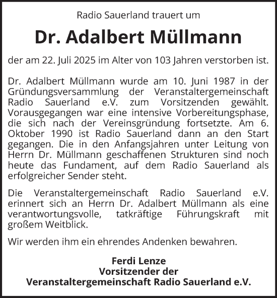 Traueranzeige von Adalbert Müllmann von Tageszeitung