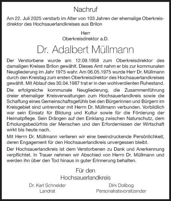 Traueranzeige von Adalbert Müllmann von Tageszeitung