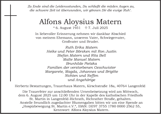 Traueranzeige von Alfons Aloysius Matern von Tageszeitung
