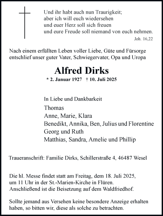 Traueranzeige von Alfred Dirks von Tageszeitung