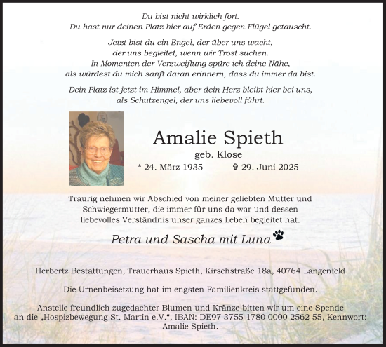 Traueranzeige von Amalie Spieth von Tageszeitung