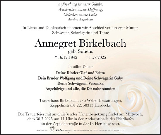 Traueranzeige von Annegret Birkelbach von Tageszeitung
