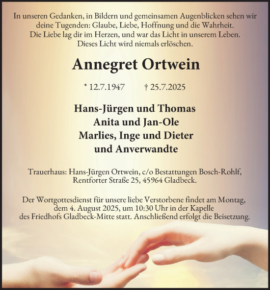 Traueranzeige von Annegret Ortwein von Tageszeitung