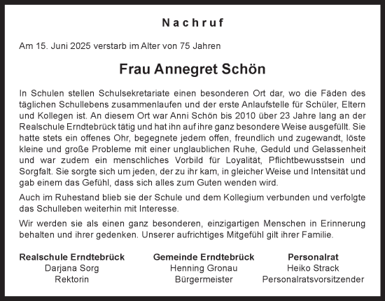 Traueranzeige von Annegret Schön von Tageszeitung